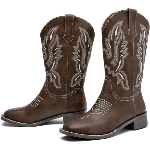 kkdom Women Dark Brown Cowboy Square Toe Western Cowgirl Mid Calf Boot - Picture 8 of 8